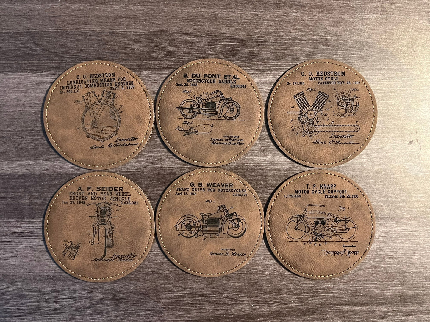 Indian Motorcycle Patent Coasters // Set of 6 Coasters // Leather Coasters // Indian Motorcycle // Motorcycle Decor