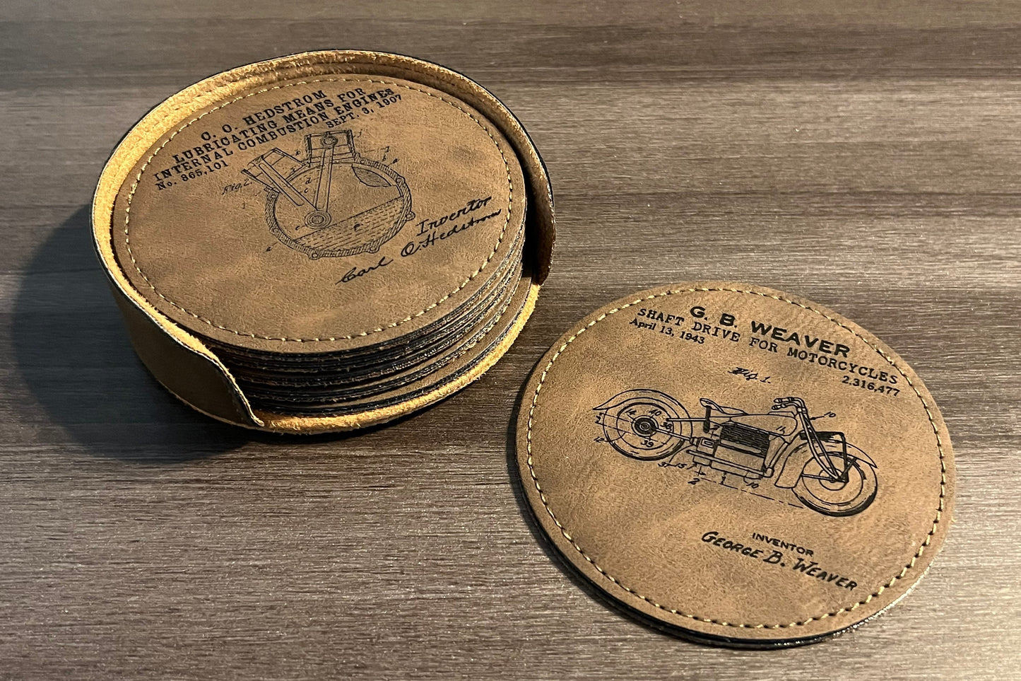 Indian Motorcycle Patent Coasters // Set of 6 Coasters // Leather Coasters // Indian Motorcycle // Motorcycle Decor