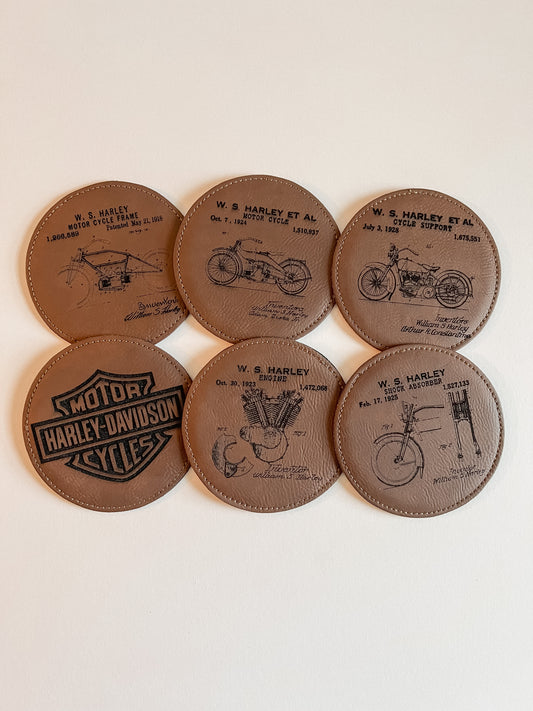Harley Davidson Motorcycle Patent Coasters // Set of 6 Coasters // Leather Coasters // Harley Motorcycle // Motorcycle Decor
